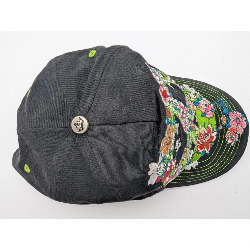 Classic Jolly Roger Black Cotton Floral Peace Sign Rhinestone Adjustable Hat
